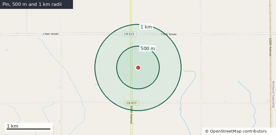 Actual sample map showing the selected point in Story County, Iowa, and its search rings